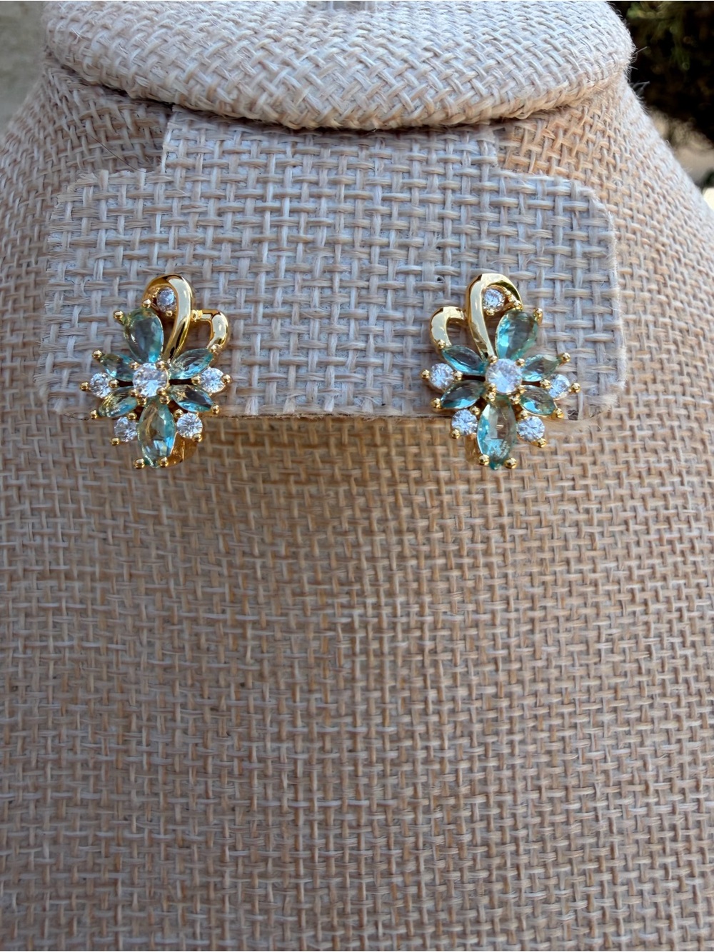 New Gold Floral Earrings with Light Blue Gemstones - Women’s Fashion Jewelry